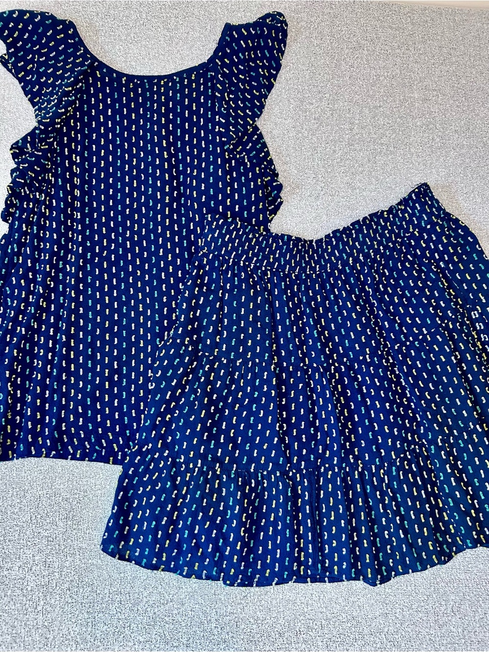 LOFT Navy Blue Dash Print 2-Piece Matching Set Top XS Skirt S Flutter Sleeves
